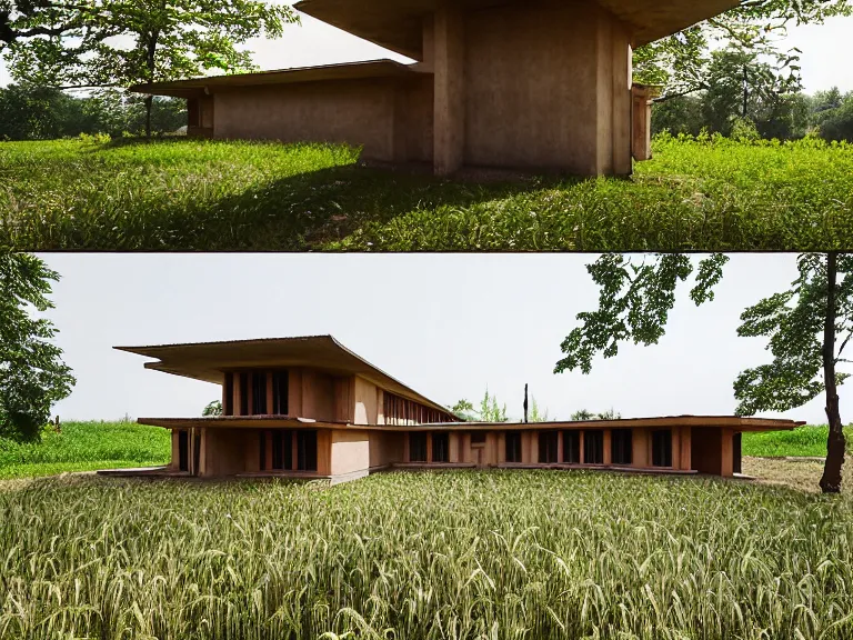 Prompt: hyperrealism design by frank lloyd wright and kenzo tange photography from 5 point of perspective of beautiful detailed small solarpunk house with many details in small detailed ukrainian village designed by taras shevchenko and wes anderson and caravaggio, wheat field behind the house, around the forest volumetric natural light