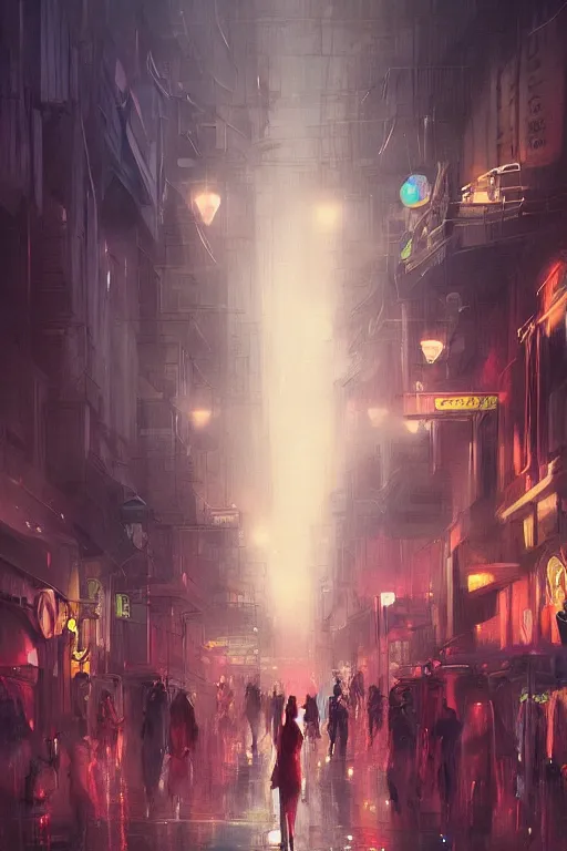 Image similar to a beautiful paiting of Night Life of downtown street by Ross Tran, dark ambient, beautiful, UHD, hyperrealism, Surreal and Fantasy Art, absurdist