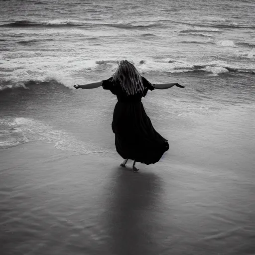 Prompt: A visibly melancholic sad and astonishingly beautiful woman walking over the ocean surface. tumultuous sea. cloudy. long wavy hair. long wavy white dress. black and white. 24mm lens. shutter speed 1/30. iso 350. f/5.6 W-1024