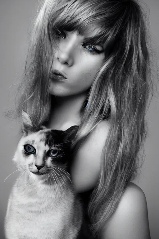Image similar to photo realistic portrait of a blonde hair blue eyed teenage girl, sharp jawline seductive pose, Teary-eyed, makeup with a cat close to her. Photography portrait by Paolo Roversi
