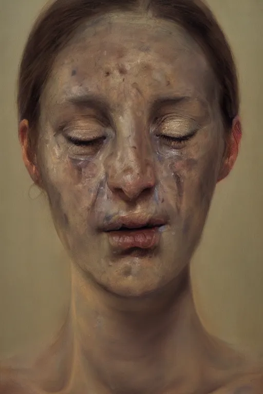 Prompt: beautiful oil painting portrait of crying woman face by vanessa beecroft, rembrandt, complex, stunning, realistic skin color, 4 k, high res, awardwinning, masterpiece, realistic lighting