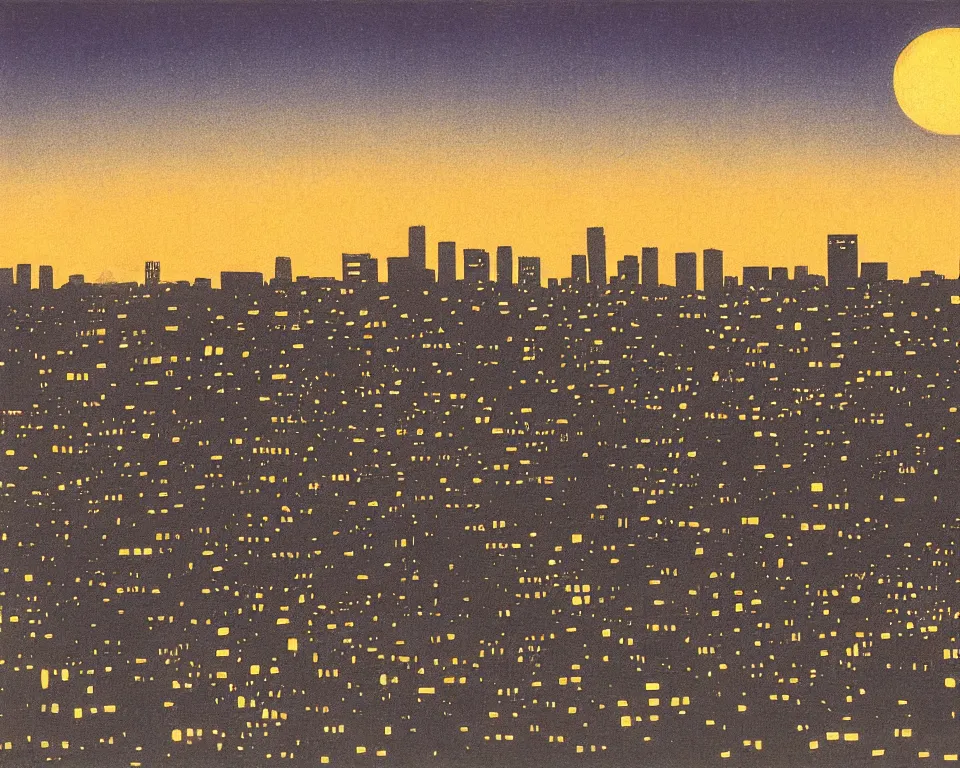 Image similar to achingly beautiful print of the Los Angeles skyline bathed in moonlight by Hasui Kawase and Lyonel Feininger.