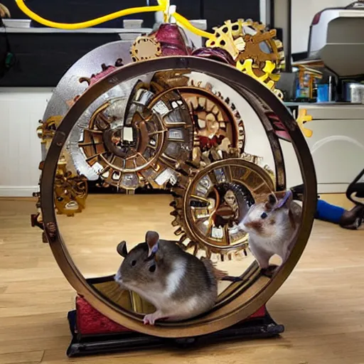 Prompt: a steampunk hamster engineer running inside a hamster wheel that looks like a cog connected to other cogs