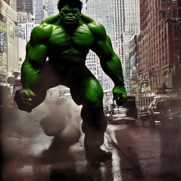 Image similar to a color photo portrait of the incredible hulk looking angry in new york city by richard avedon dramatic lighting.