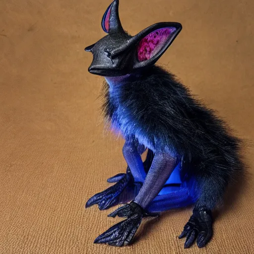 Image similar to detailed full body of scary giant mutant dark blue humanoid pygmy-bat, glowing red eyes, sharp teeth, acid leaking from mouth, realistic, giant, bat ears, bat nose, bat claws, bat wings, furred, covered in soft fur, detailed, 85mm f/1.4