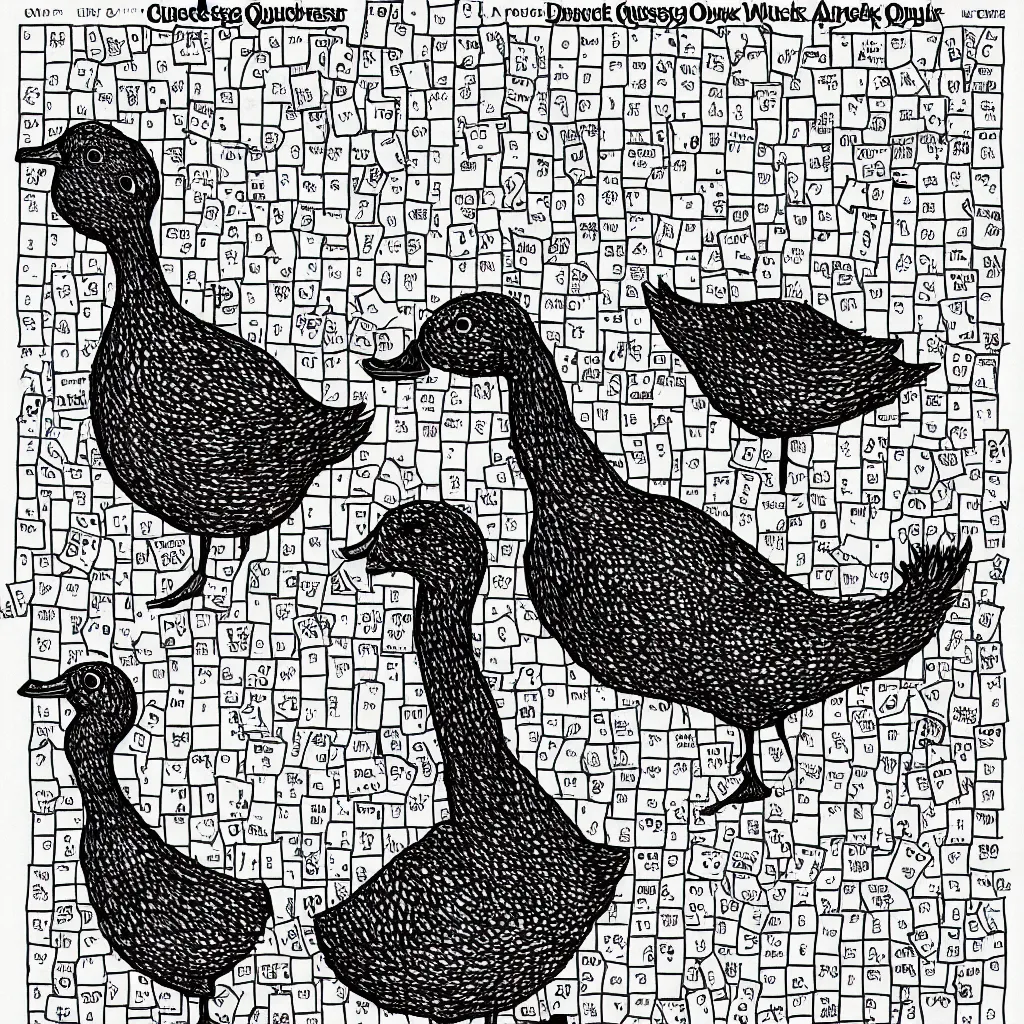 Image similar to A duck doing a crossword puzzle in the style of a New Yorker cartoon.