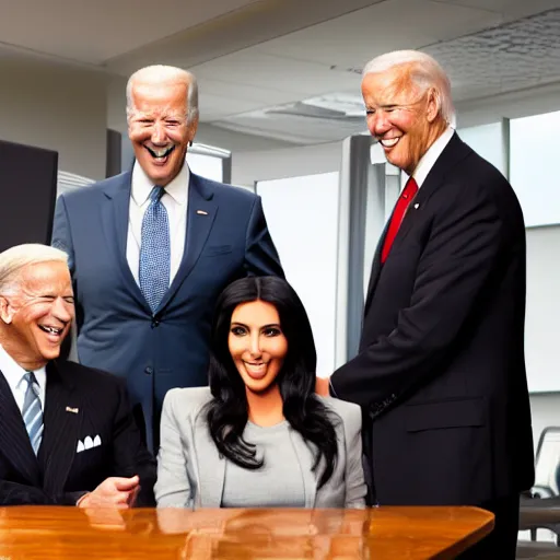 Image similar to stock photo of kim kardashian, joe biden, and bill gates wearing suits and ties laughing in an office building, 8k resolution, full HD, cinematic lighting, award winning, anatomically correct