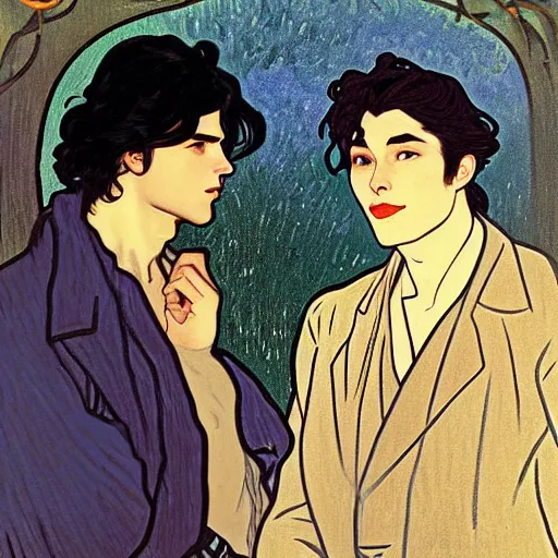 Image similar to painting of young cute handsome beautiful dark medium wavy hair man in his 2 0 s named shadow taehyung and cute handsome beautiful min - jun together at the halloween! party, bubbling cauldron!, candles!, smoke, autumn! colors, elegant, wearing suits!, clothes!, delicate facial features, art by alphonse mucha, vincent van gogh, egon schiele