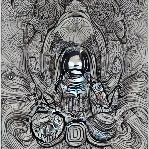 Prompt: meditating astronaut, psychedelic poster illustration by Jason Edminston, photorealism, intricate, line-drawing, black ink on white paper