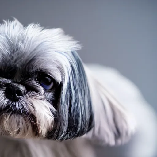 Prompt: Professional Photograph of a Blue Shih Tzu wearing a crown