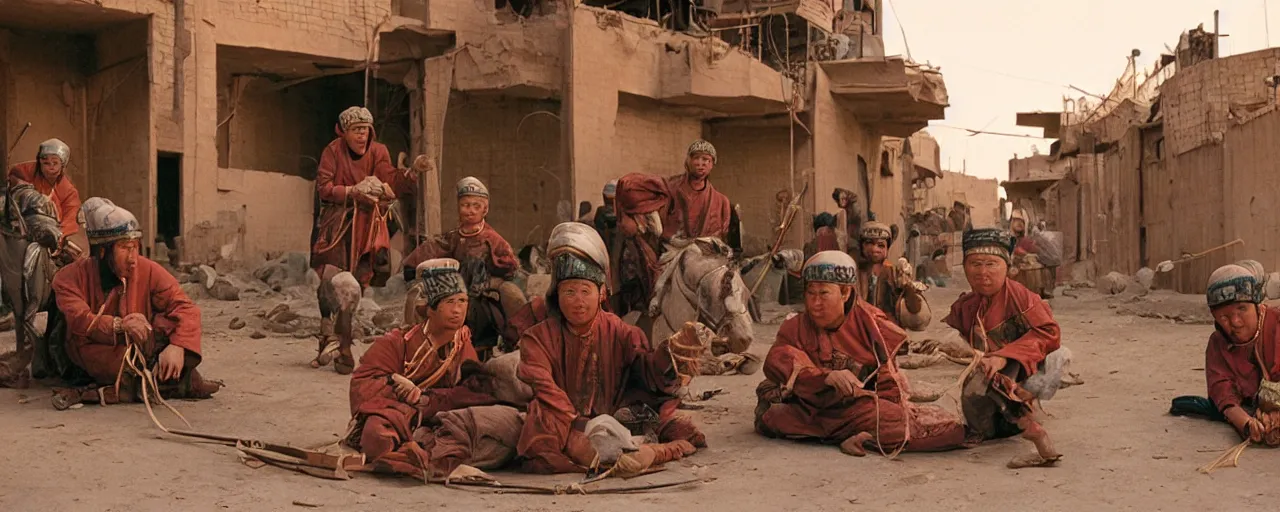 Image similar to the mongols capturing baghdad with spaghetti, small details, intricate, 5 0 mm, cinematic lighting, photography, wes anderson, film, kodachrome