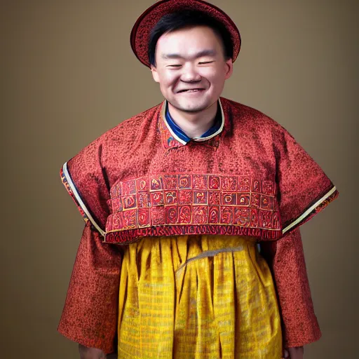 Image similar to photography of smiling kim chen in. kim chen in is wearing traditional - ukrainian folk shirt designed by taras shevchenko.
