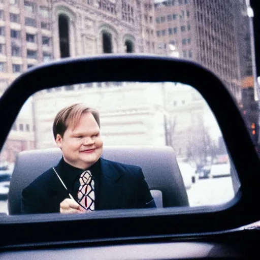 Image similar to 1 9 9 8 andy richter wearing a black wool coat and necktie in his car driving through the streets of chicago at night, pov back seat of car, cozy atmosphere