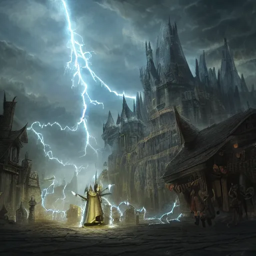 Prompt: a powerful sorcerer bringing lighting down upon a fantastical dark town, fantasy, highly detailed, painting, 4k, dramatic lighting