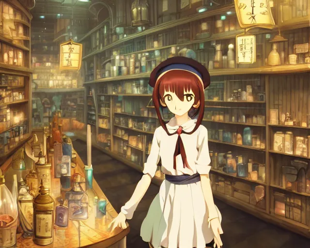 Image similar to anime visual, portrait of a young female traveler in a alchemist's potion shop interior, cute face by yoh yoshinari, katsura masakazu, cinematic luts, cold studio lighting, dynamic pose, dynamic perspective, strong silhouette, anime cels, ilya kuvshinov, cel shaded, crisp and sharp, rounded eyes