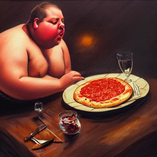 Prompt: oil painting of a fat slob eating a pepperoni pizza, dramatic lighting, dramatic lighting, beautiful, epic, glorious, extreme detail, 4k