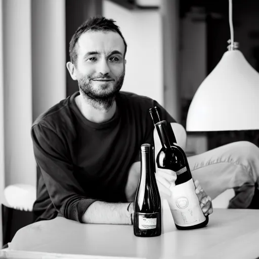 Image similar to portrait of a 3 0 years old frenchman in 2 0 2 0 seated at a table with a bottle of wine. award winning photography, 5 0 mm, studio lighting, black and white, contrasted.