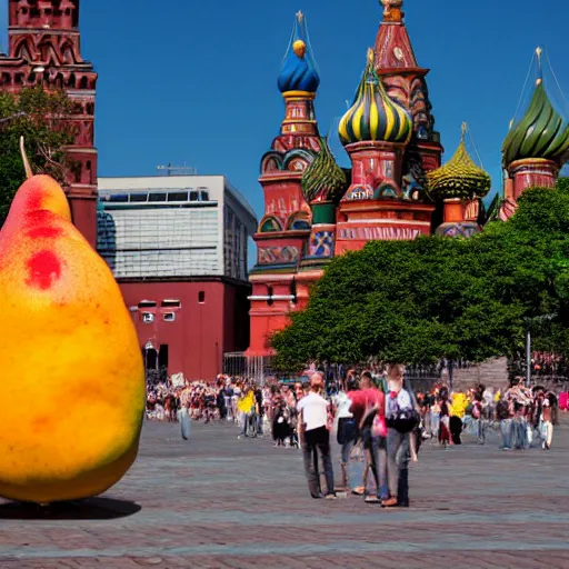 Image similar to photo of giant mango on red square, super wide shot, bokeh