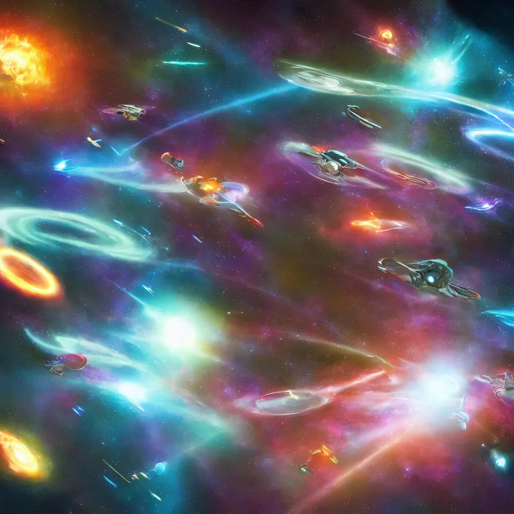 Image similar to galactic space fleet flying into a warp portal, 8 k resolution