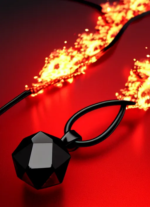 Image similar to rpg item, a black necklace with a bright red crystal pendant in flames, Unreal 5, DAZ, hyperrealistic, rpg style, octane render, dynamic lighting