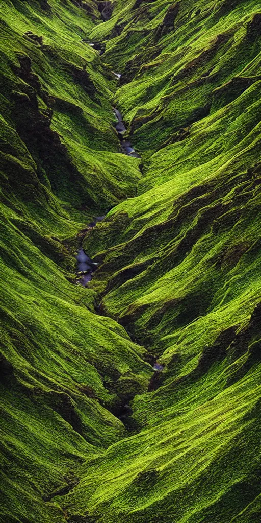 Image similar to dream looking through a hyper realistic photograph of a fertile lush canyon, minimal structure, misty, raining, meditative, icelandic valley, small stream, in the style of reuben wu, roger deakins
