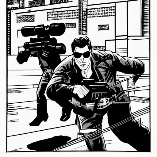 Image similar to comic book spy hunter video game illustration black and white