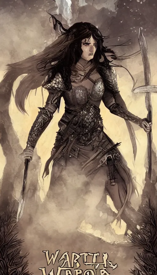 Image similar to a graphic novel cover for a fantasy epic about a female warrior in a new dimension