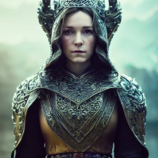 Image similar to the elder scrolls vi, charismatic regal brunette female jarl, portrait, throne room, atmospheric lighting, painted, intricate, volumetric lighting, beautiful, daytime, sunny weather, slight overcast, sharp focus, deep colours, ultra detailed, by leesha hannigan, ross tran, thierry doizon, kai carpenter, ignacio fernandez rios