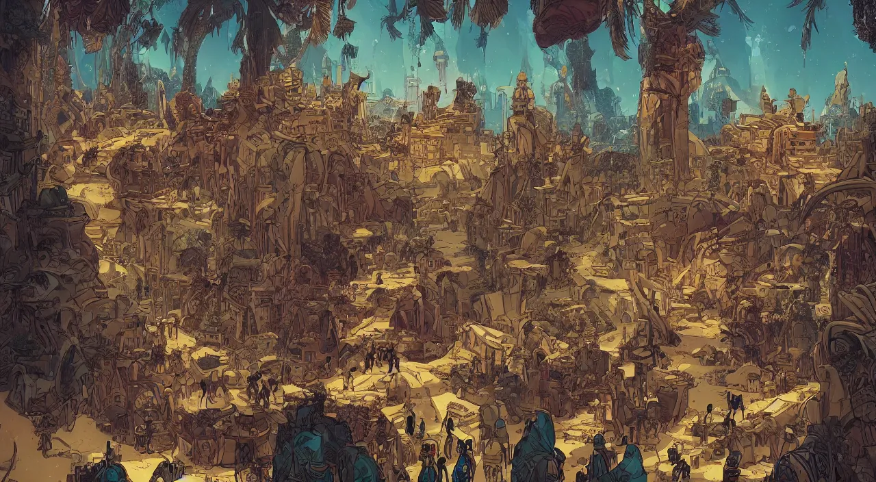 Image similar to vector wonderland bazaar zouk old egypt epic fantasy painting photoshop that looks like it is from borderlands and by feng zhu and loish and laurie greasley, victo ngai, andreas rocha, john harris