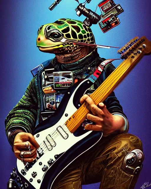 Prompt: a portrait of an anthropomorphic cyberpunk turtle shredding an electric guitar by sandra chevrier, by jon foster, detailed render, tape deck, epic composition, cybernetics, 4 k realistic, cryengine, realistic shaded lighting, sharp focus, masterpiece, by enki bilal