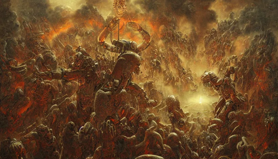 Image similar to robocop fighting demons in hell by agostino arrivabene