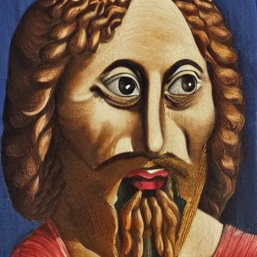 Image similar to portrait of ancient silly greek man with big eyes and sharp nose and open mouth. fine detail. artistic painting by lurid