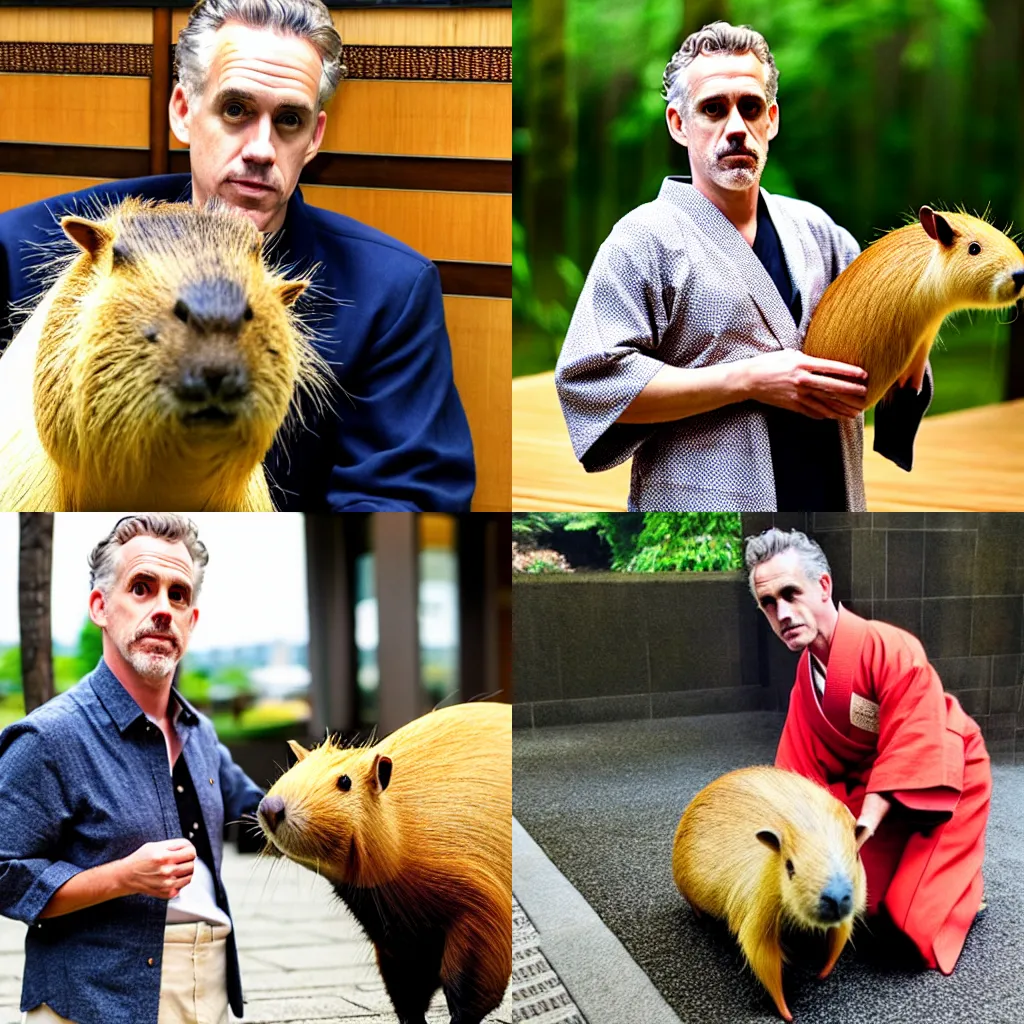 Prompt: Jordan Peterson wearing a kimono holding a capybara