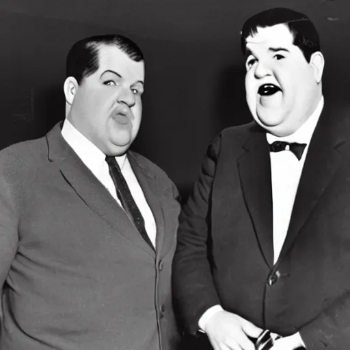 Prompt: jerry lewis standing next to oliver hardy
