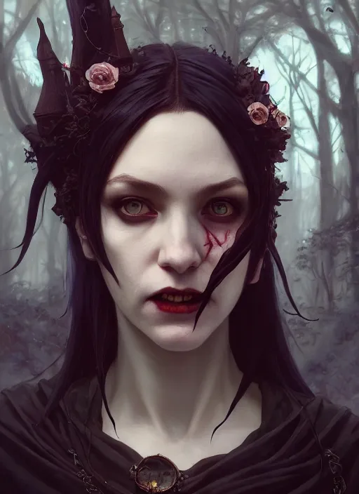 Image similar to highly detailed vfx portrait of a vampire witch, unreal engine, greg rutkowski, only, once, people, makoto shinkai and louis van baerle, ilya kuvshinov, rossdraws, tom bagshaw, alphonse mucha, dynamic lighting, detailed and complex environment