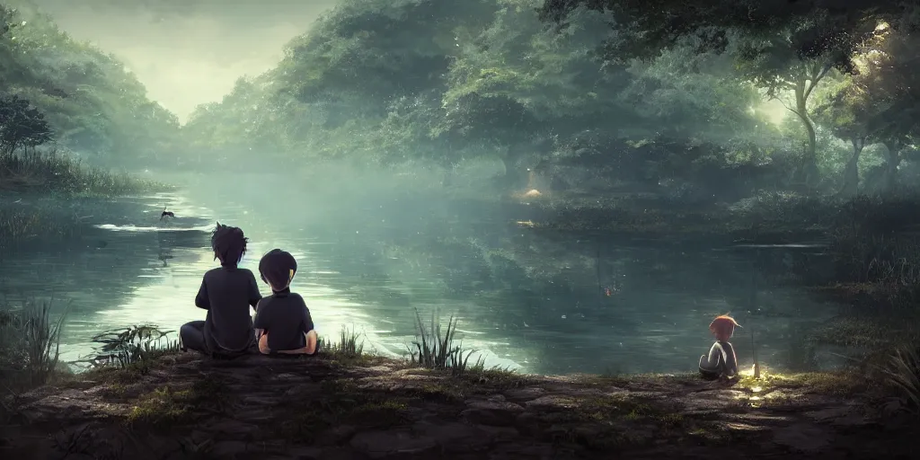 Image similar to a silver dragon and a boy sitting next to lake in forest, many fireflys, at night, concept art, dof, cryengine, digital art, detailed background, makoto shinkai