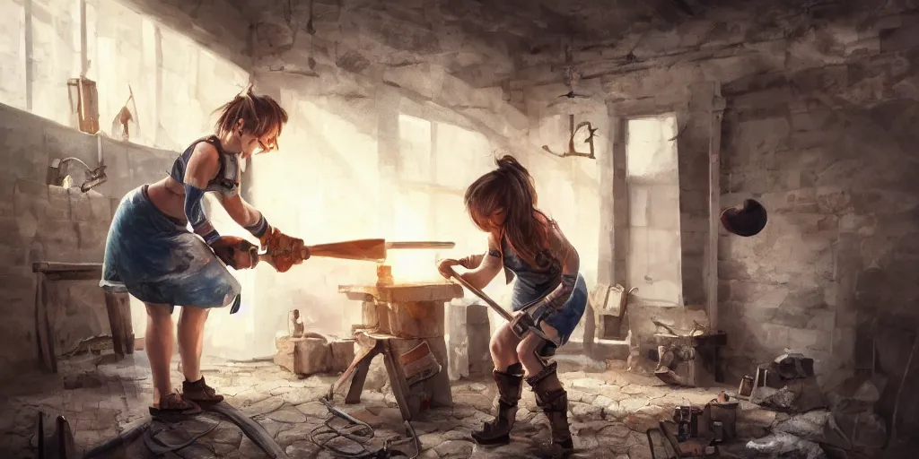 Prompt: blacksmith cute girl hitting with a hammer, anvill, epic digital art illustration, wide angle, masterpiece, dynamic perspective, anatomy skills, outstanding detail, illustration, colorgrading, LUTs, octane render, redshift, simulation, | 28mm |, great composition, by sixmorevodka