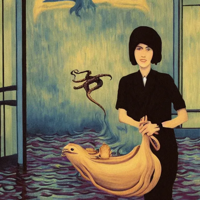 Image similar to tall female emo artist holding an octopus in a flooded cafe, octopus, water gushing from ceiling, painting of flood waters inside a cafe, a river flooding indoors, pomegranates, pigs, ikebana, water, octopus, river, rapids, waterfall, black swans, canoe, berries, acrylic on canvas, surrealist, by magritte and monet