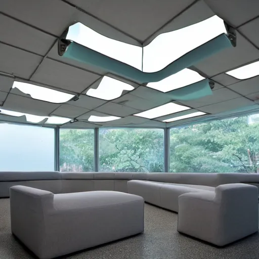 Image similar to upholstered sofas, fluorescent ceiling lighting, rectangular water pond!, a large minimalistic concrete rectangular! room! windowless!, a tilt shift photo by leandro erlich, featured on cg society, kitsch movement, hall of mirrors, high dynamic range, studio portrait