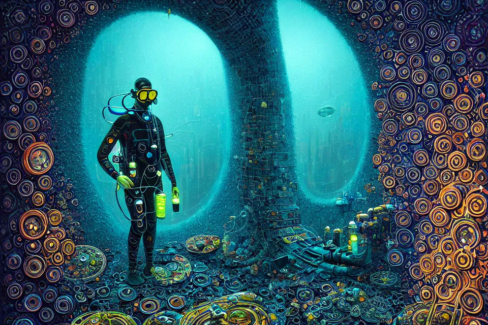 Image similar to detailed portrait of a cyberpunk scuba diver inside a dmt portal by james r eads and tomasz alen kopera gediminas pranckevicius