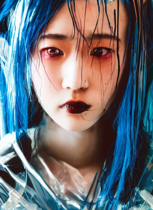 Prompt: a close-up risograph long shot of cyberpunk japanese glossy model girl with black eyes and pretty face wearing lots of transparent cellophane clothes and accessories, blue hour, twilight, cool, portrait, Kodachrome, ISO1200,