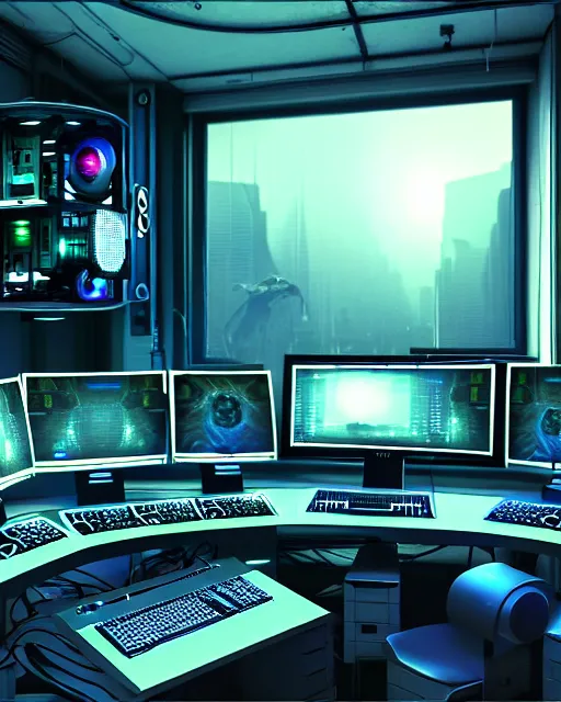 Image similar to artstation scifi scene of a complex computer workstation in a small studio apartment room, many monitors, many electronics, a window view, very detailed, maximalism, ambient occlusion, volumetric light, sun rays, atmospheric haze, unreal engine, hyper realism, realistic shading, cinematic composition, realistic render, octane render, detailed textures, photorealistic, wide shot