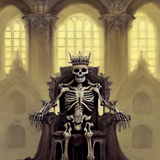 Image similar to skeleton king sitting on a throne in a palace by Stanley Artgerm Lau, frank frazetta, Rossdraws, James Jean, gerald brom, Andrei Riabovitchev, Marc Simonetti, and Sakimichan, trending on artstation, SFW version