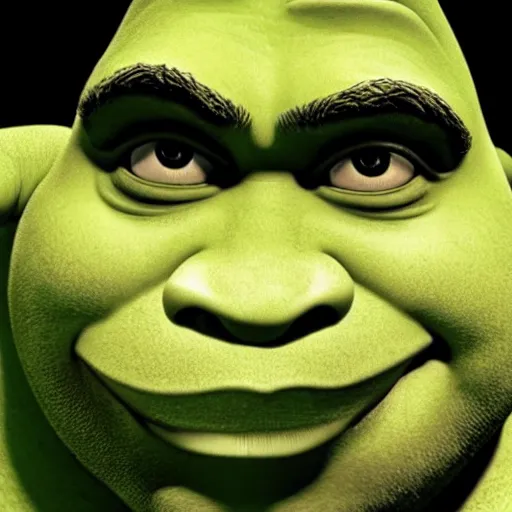 Image similar to shrek!! kubrick stare, menacing, instense stare, close up of face