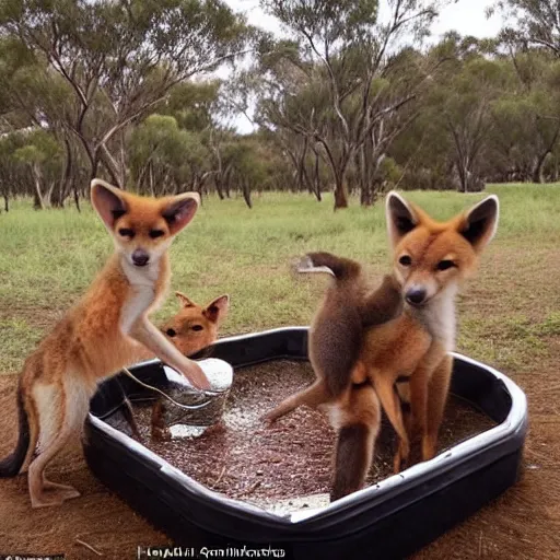 Prompt: baby dingo, baby emu, baby kangaroo, all playing together and eating vegemite sandwiches in a ballpit in the outback