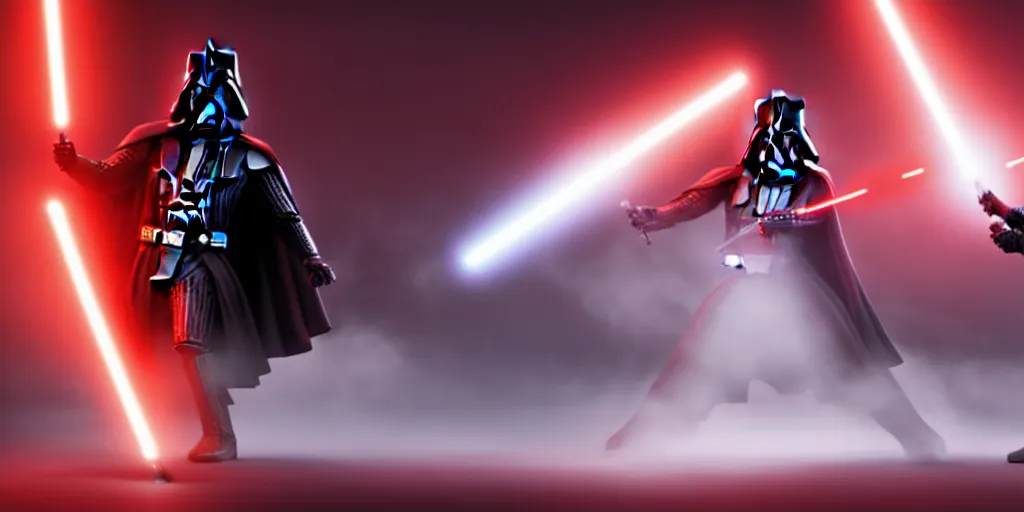 Image similar to a still of Darth Vader fighting with Darth Maul, fog, bokeh, light sabers, red glowing. 8K. detailed. photorealism. ultra realistic