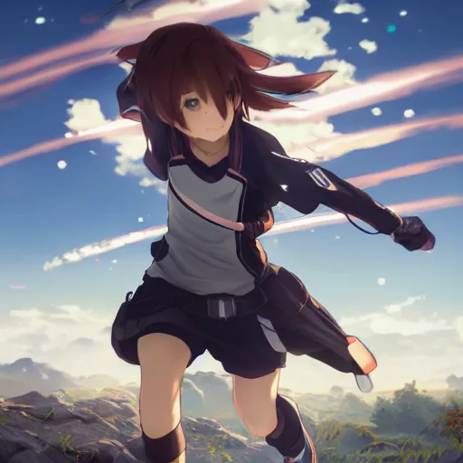 Prompt: a girl is running, sport clothing, sword art online, anime style, brown short hair, hair down, symmetrical facial features, from arknights, hyper realistic, rule of thirds, extreme detail, detailed 4 k drawing, trending pixiv, realistic lighting, by alphonse mucha, greg rutkowski, backlit