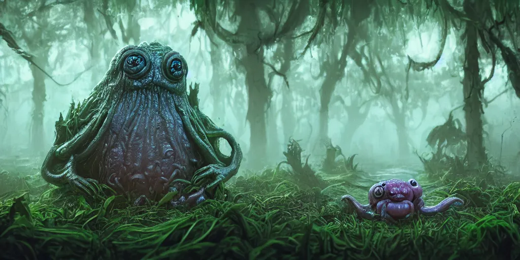 Prompt: of an intricate murky hazy swamp with strange cute pudgy creatures with huge eyes, long tongue and big nose appearing from the waters, in the style of jeff koons, macro lens, shallow depth of field, highly detailed, digital painting, trending artstation, concept art, illustration, cinematic lighting, vibrant colors, photorealism, epic, octane render