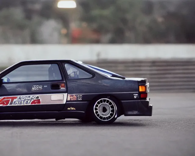 Prompt: a toyota ae86 drifting in an empty parking lot at night, vhs camcorder footage