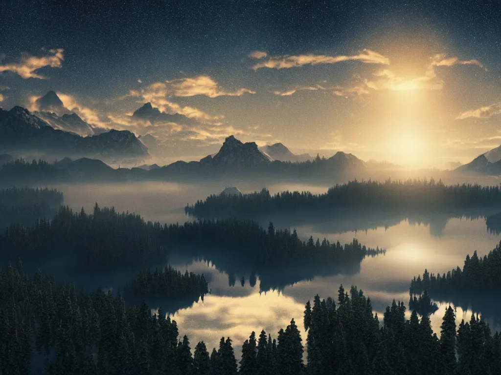 Image similar to epic crystalline taiga with a lake, golden hour, distant mountains, atmospheric perspective, altostratus clouds, planets, cinematic, 3 5 mm lens, photographic, octane render, cinematography by roger deakins, in the style of ansel adams